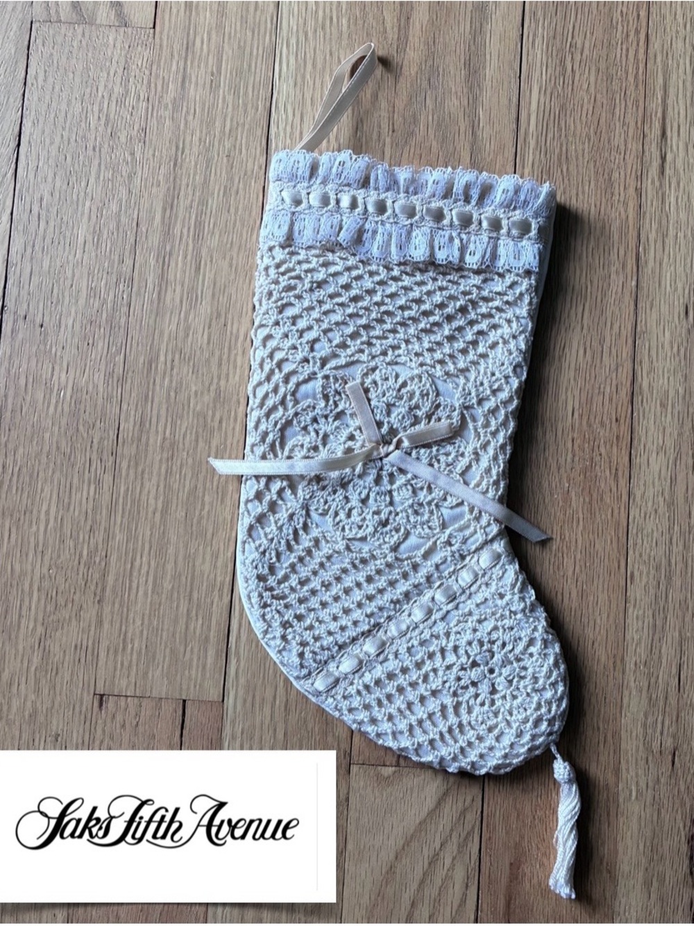 Vintage Crochet Tree Stocking Kurt S. Adler Inc., Color is vintage cream.